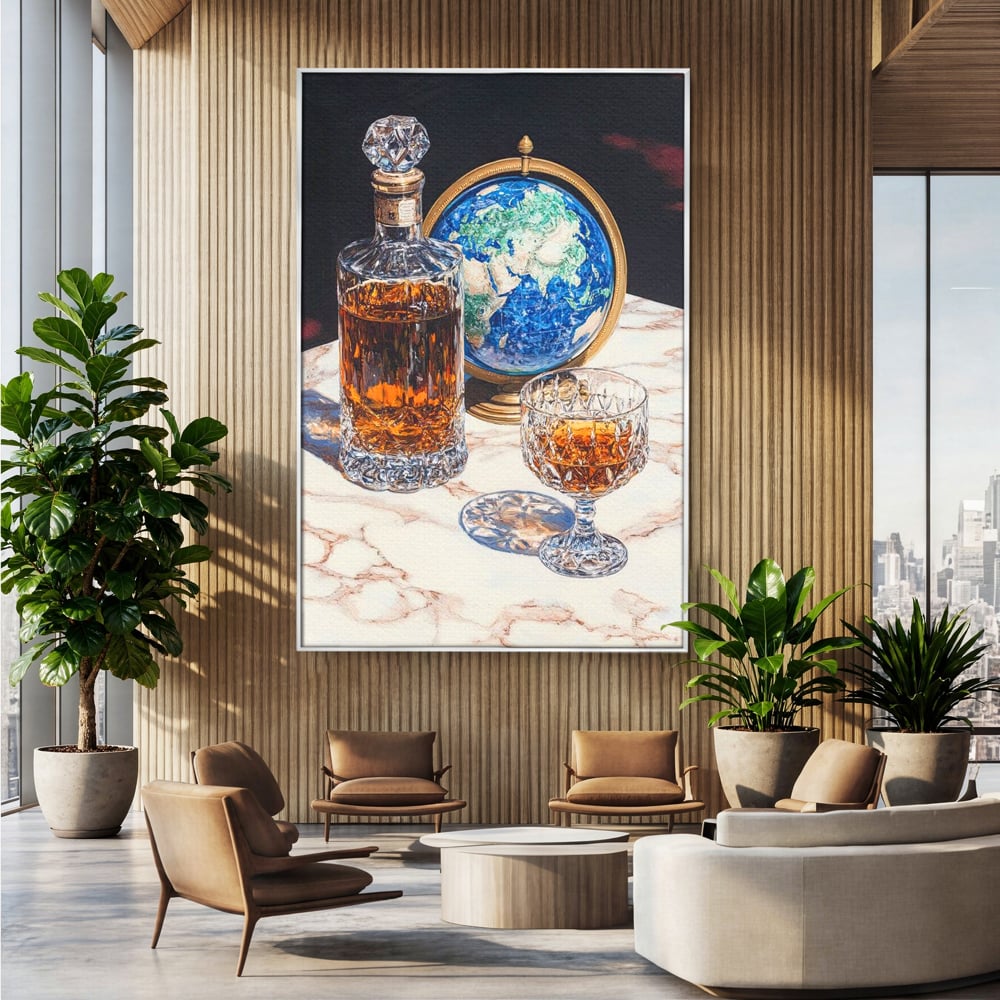 Tablou canvas cu tablou canvas cu sticla de whisky si glob pamantesc, in rama de aluminiu argintiu, pe perete intr-un birou